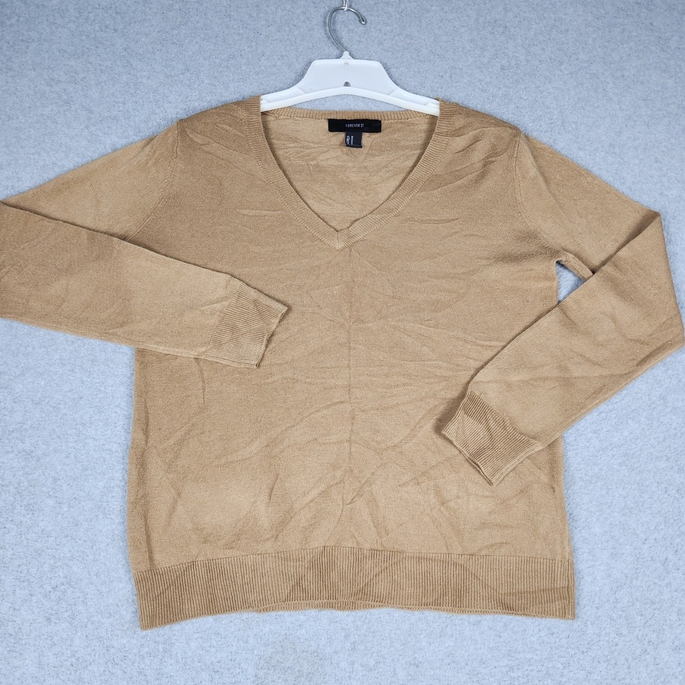 Forever 21 Sweater Womens Medium Tan Tight Knitted Long Sleeve V-Neck Pullover